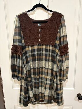 Jessica Howard Brown Plaid Dress with Crochet Yoke and Sleeve Bands